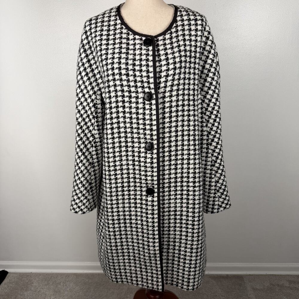 Kate Spade New York Houndstooth Coat Women’s XL Black White Longline Jacket